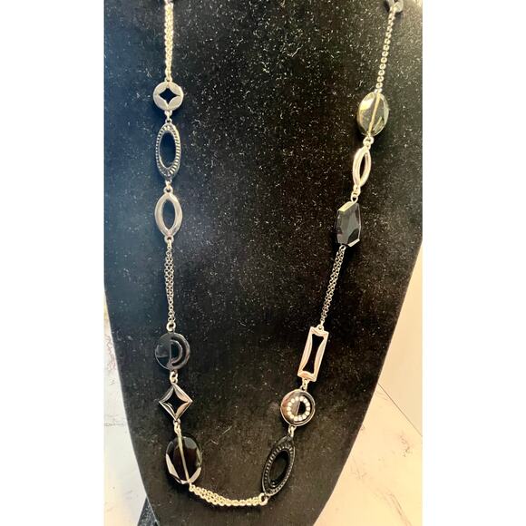 Lia Sophia Silver Tone & Black Geometric Link Necklace 18" Rhinestone Accent - Picture 3 of 7